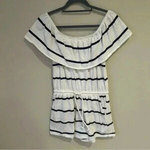 NWOT Ellison Women’s Black White Stripe Front Tie Off The Shoulder Romper Medium